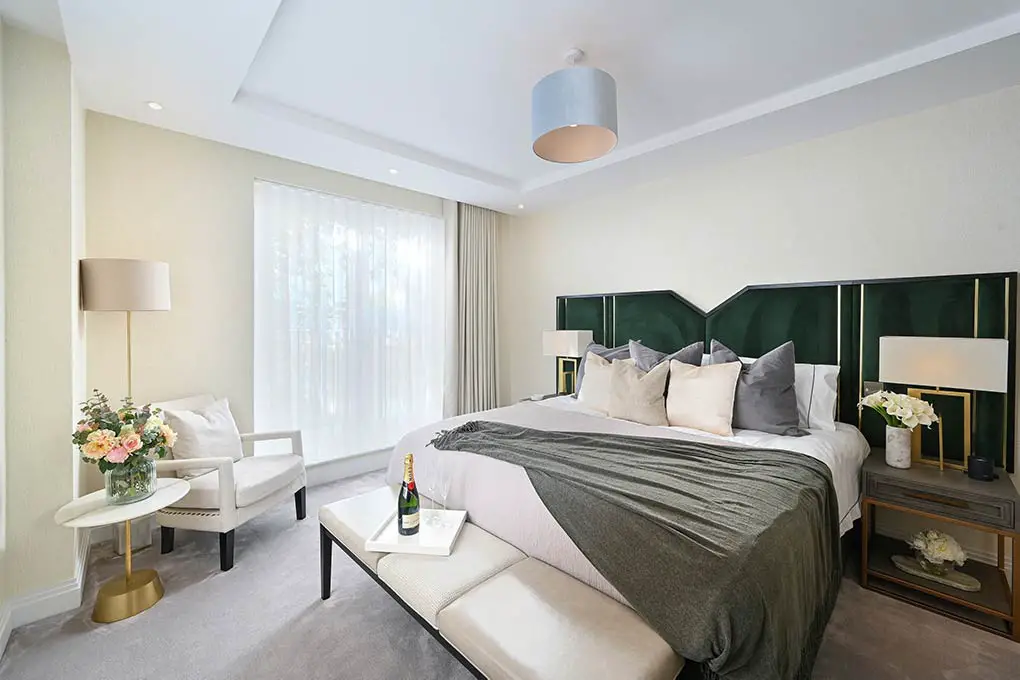 The master bedroom of the show home at The Mansions Wimbledon. Call Berkeley on 020 8003 6139 - Property London